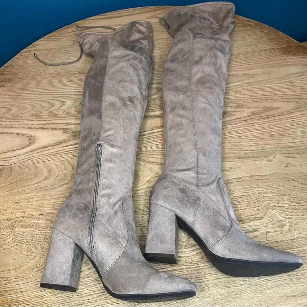 Unisa Quesia Over The Knee Square Toe Block Heel Boots Taupe Women’s Size 9